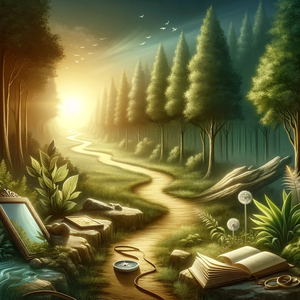 Illustration of a serene landscape with a winding path through a lush forest leading to a bright clearing, symbolizing a journey to self-discovery. The path is adorned with symbols of growth and introspection, including a mirror reflecting the sky, an open book on a rock, and a compass on the ground, under the soft, golden light of dawn, indicating new beginnings and personal transformation.