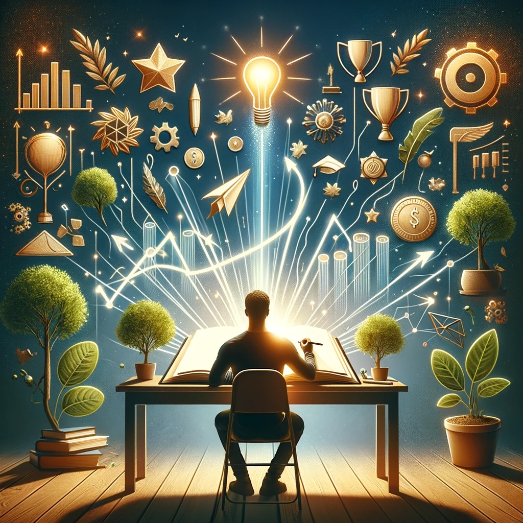 A person seated at a desk, actively writing in a journal, with symbols of growth like plants and trees, and success indicators such as trophies, medals, and a rising graph surrounding them. The journal emits a glow, symbolizing the enlightening effect of journaling on the path to personal and professional achievements. The setting is modern and inspirational, designed to motivate the viewer towards embracing journaling as a key tool for growth and success.