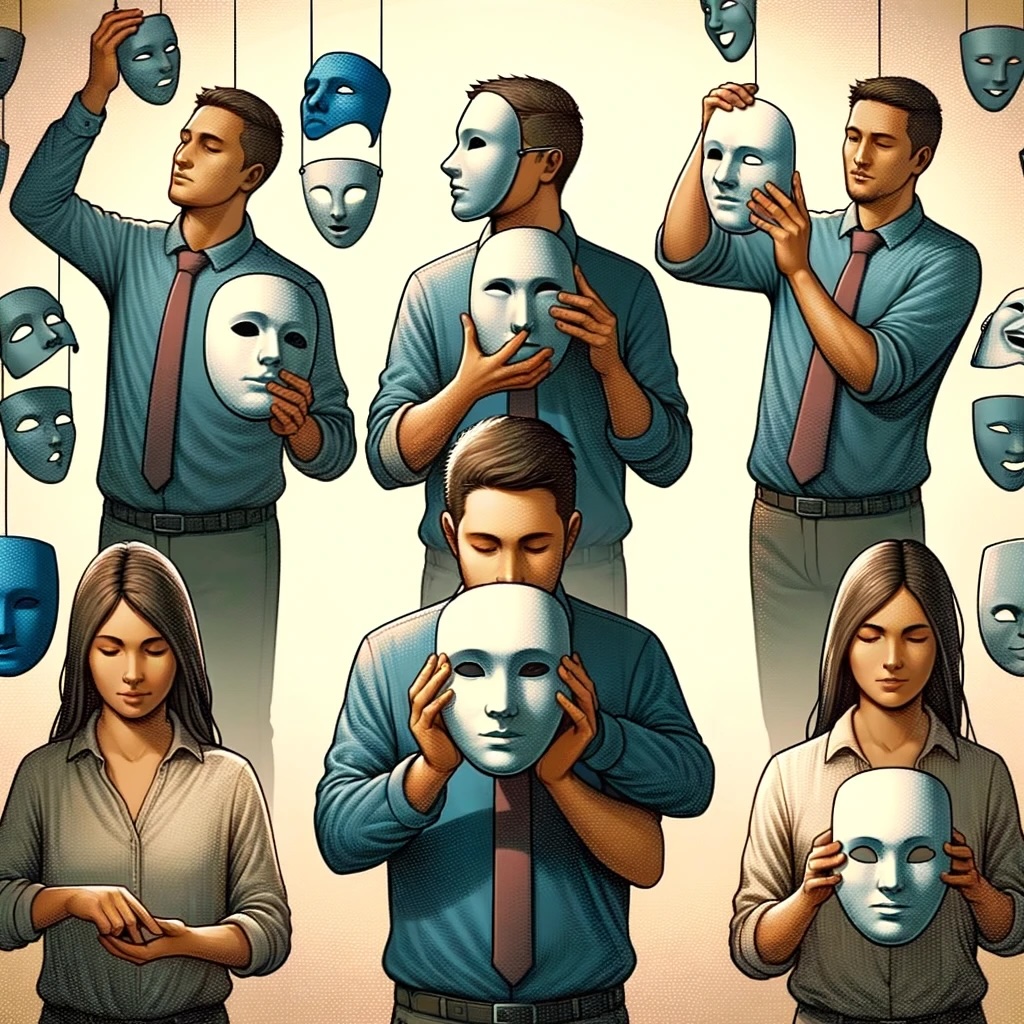 A group of diverse individuals holding different masks in front of their faces, with various masks floating around them, representing the concept of changing social identities in different contexts. The neutral background highlights the act of mask-changing, emphasizing identity fluidity and the adaptation to societal expectations.